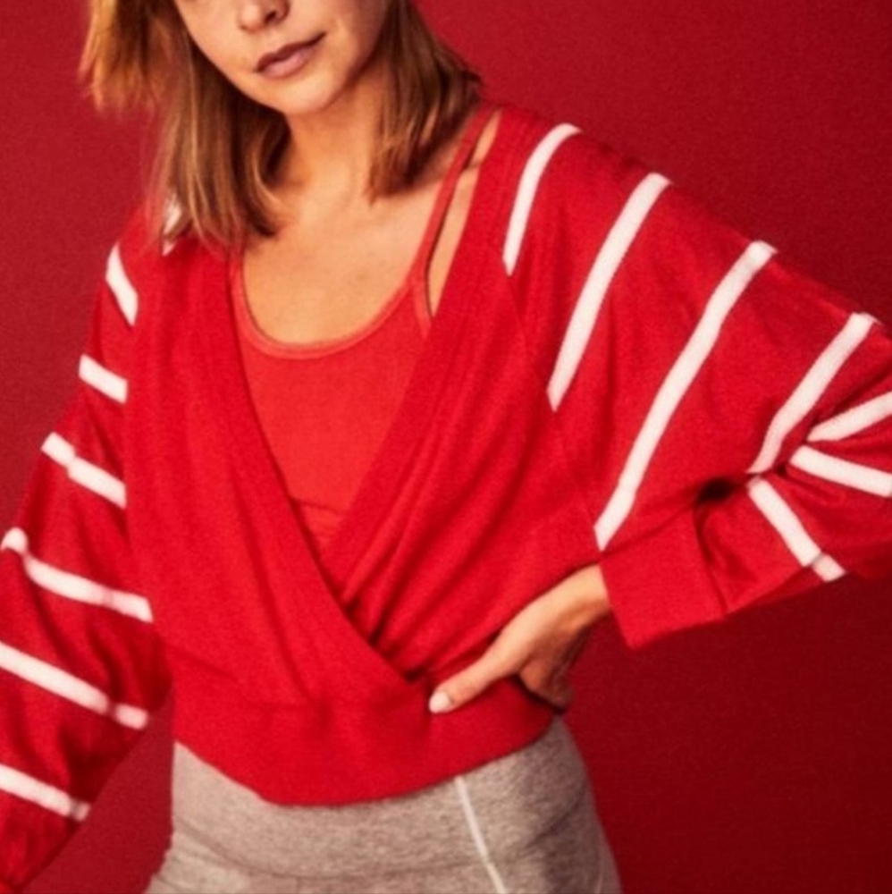 Free People FP Movement Aerial Long Sleeve Top Red & White Women's Size Large